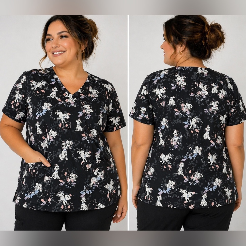 Disney 101 Dalmatians Scrub Top 3XL Plus Size V-Neck Pocket Nursing Vet Tech